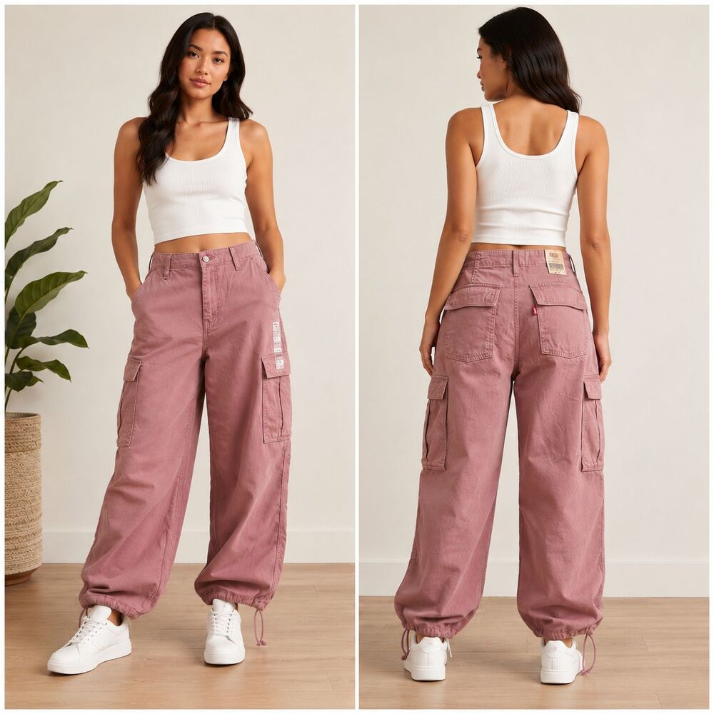 Levi's '94 Baggy Cargo Pants Mauve Pink Mid Rise Adjustable Hem 27x30 NWT